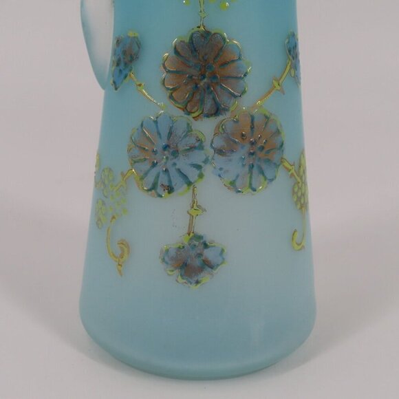 Antique Blue Satin Glass Gold Flower Floral Cruet Dressing Pitcher 6.9in Country - Picture 5 of 13